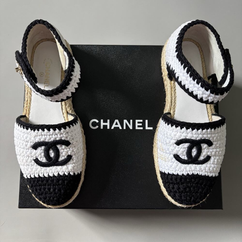 Chanel Women’s White And Black Woven Espadrilles EU Size 37C
